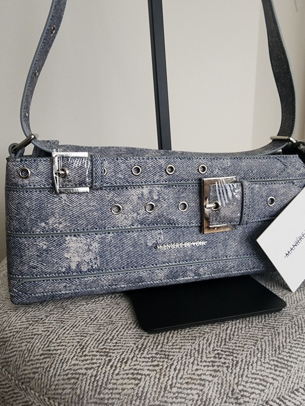 Manière De Voir Denim Print Shoulder Bag. Coated Faux Leather. $135 Retail